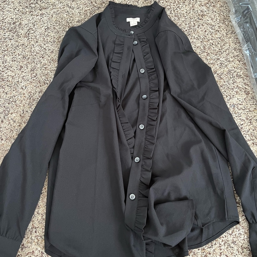 J Crew Black Long Sleeve Blouse, Never Worn, Sheer with decorative edging